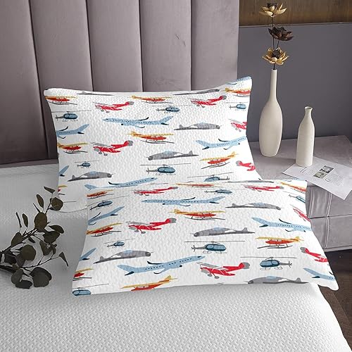 Miniatura 4 de Feelyou Juego de sábanas de avión de dibujos animados, juego de ropa de cama con vehículos de carreras de aviones, sábana bajera ajustable blanca y