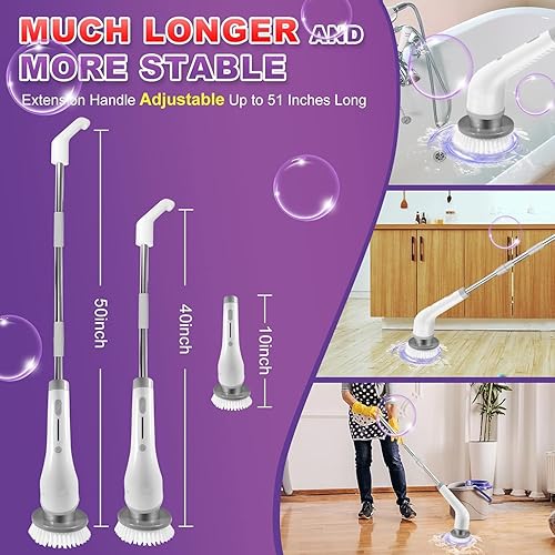 Miniatura 4 de Depurador eléctrico giratorio, 7 cabezales de cepillo reemplazables, limpiador de baño de 1.5 horas de doble velocidad y brazo de extensión