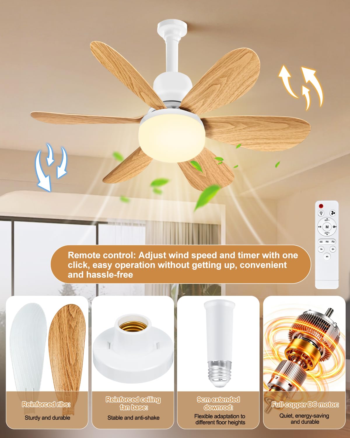 Ulikey Ventilatore da Soffitto con Luce, 12 Pale Plafoniera Soffitto (6 Bianco +6 Legno), 52CM LED Dimmerabile Ventola Soffitto, con Base E27, 3 Velocità, Silenziosa, per Soggiorno, Lamera da Letto