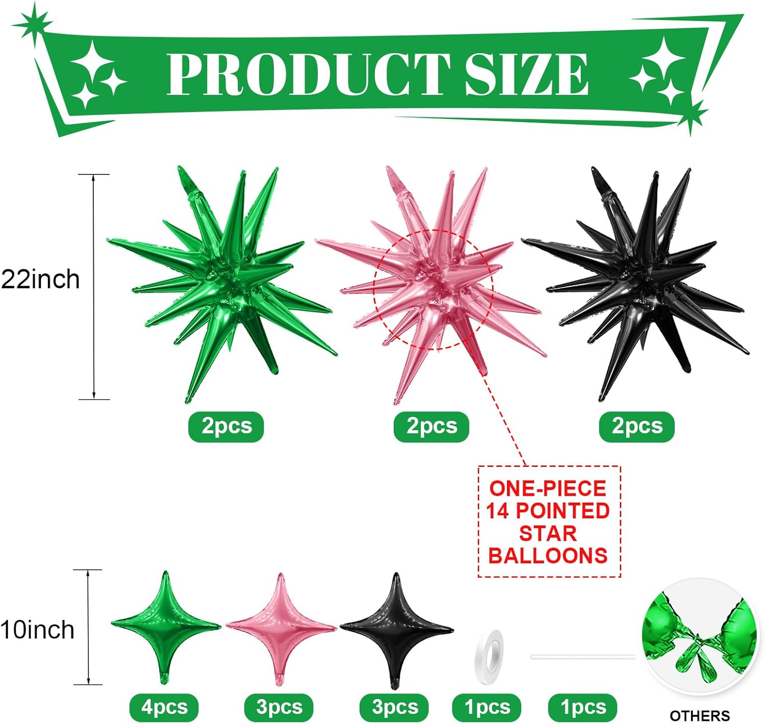Black Green Pink Star Balloon,Pink Green 6Pcs 22Inch Explosion Star Balloons and 10Pcs 10Inch Four Angle Balloons Kit for Birthday Halloween Anniversary Baby Shower Wedding Party Decorations - Image 2