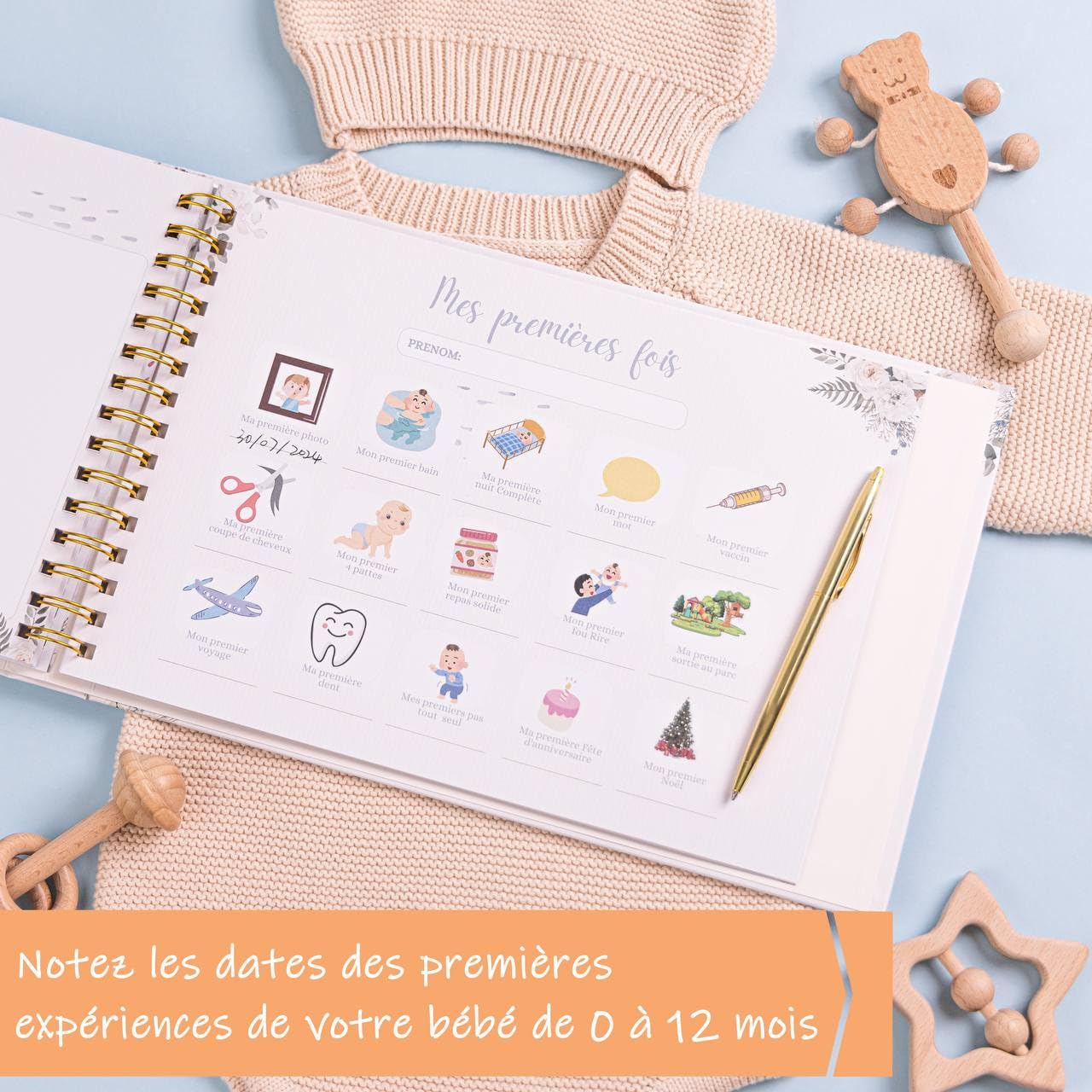 Journal de Grossesse a remplir Kit d'Empreintes Bébé Livre de Grossesse 4 Cartes a Gratter Annonce Les premières Fois de Bébé Checklist Baby Shower Cadeau Future Maman Souvenirs