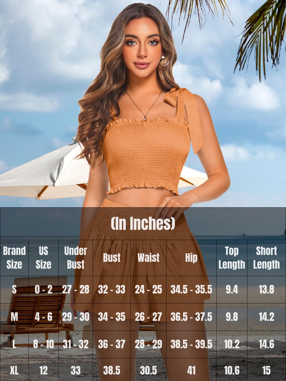 2 Piece Summer Sets,Square Neck Bow Tank Top & Short Set,Beach Vacation Smocked Outfits For Women Crusie Resort - Image 6