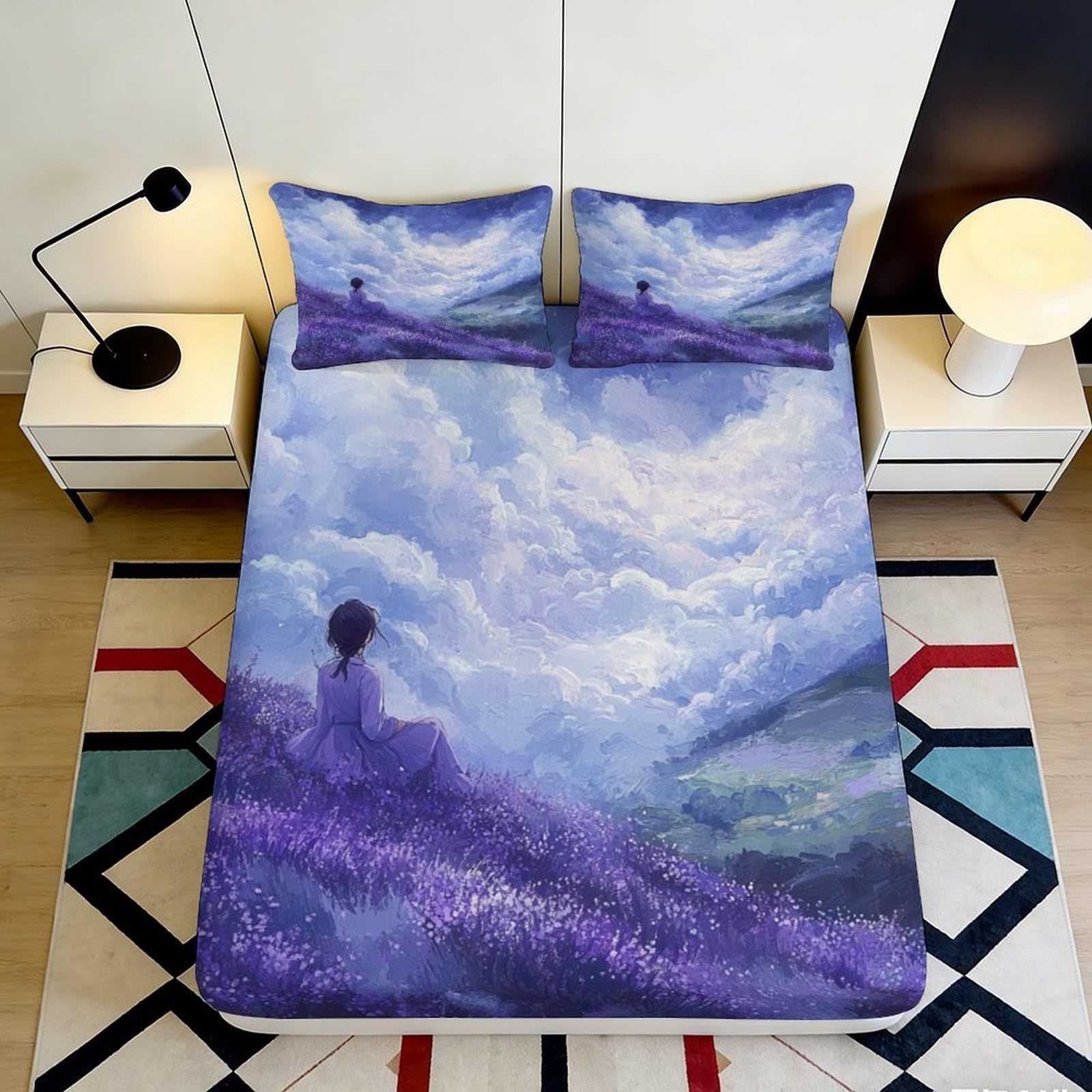 3D Printed Lavender Field Dream Sky Fitted Sheet Microfiber Soft Mattress Cover for Bedroom Guest Room Decor 160x200x25cm