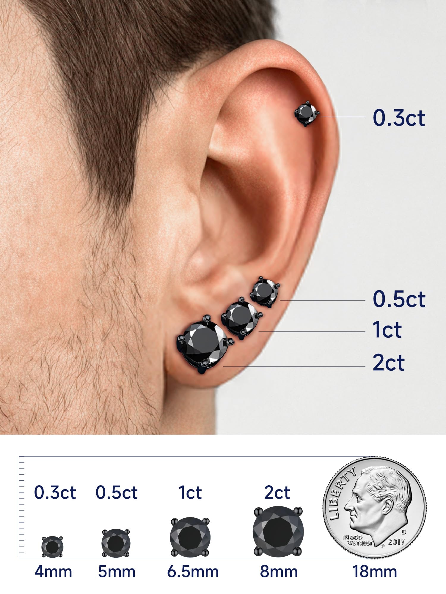 MomentWish Boucle d'oreille Homme, 1-4 Carats Moissanite Boucle d oreille Noir Diamant Argent Sterling 925 Bijoux Cadeau Homme pour Lui 4/5/5.5/6.5/8 mm