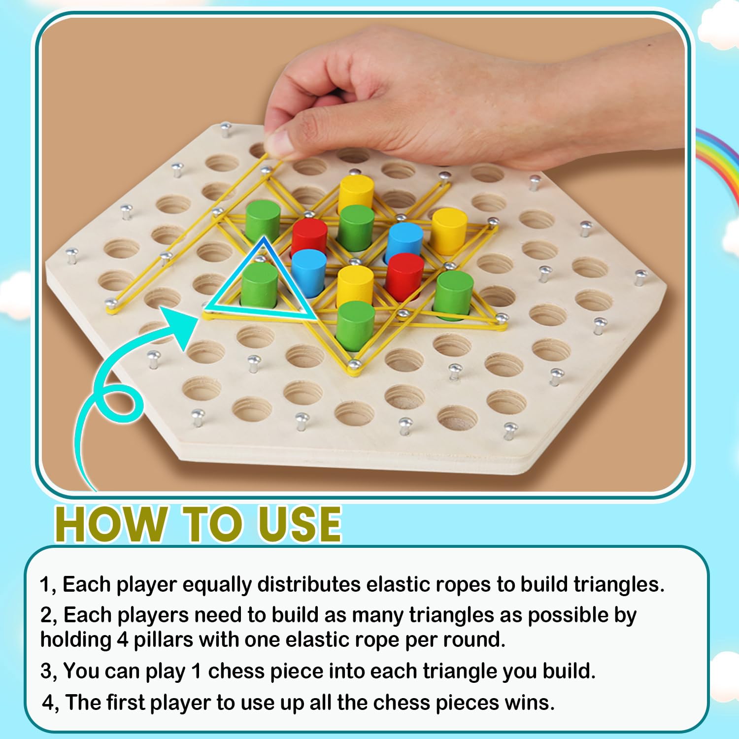 Gioco da Tavolo Strategico Scacchiera Triangolare, Divertente Gioco con Elastici, Classici Giochi da Tavolo, Giocattoli Educativi per Feste, Giochi di Logica, Regali per Bambini [Nero