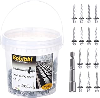 Bobibbi 250 Pack Metal Roofing Screws 10x1" Hex Head with EPDM Washer - Corrosion Resistant for Corrugated Roofs
