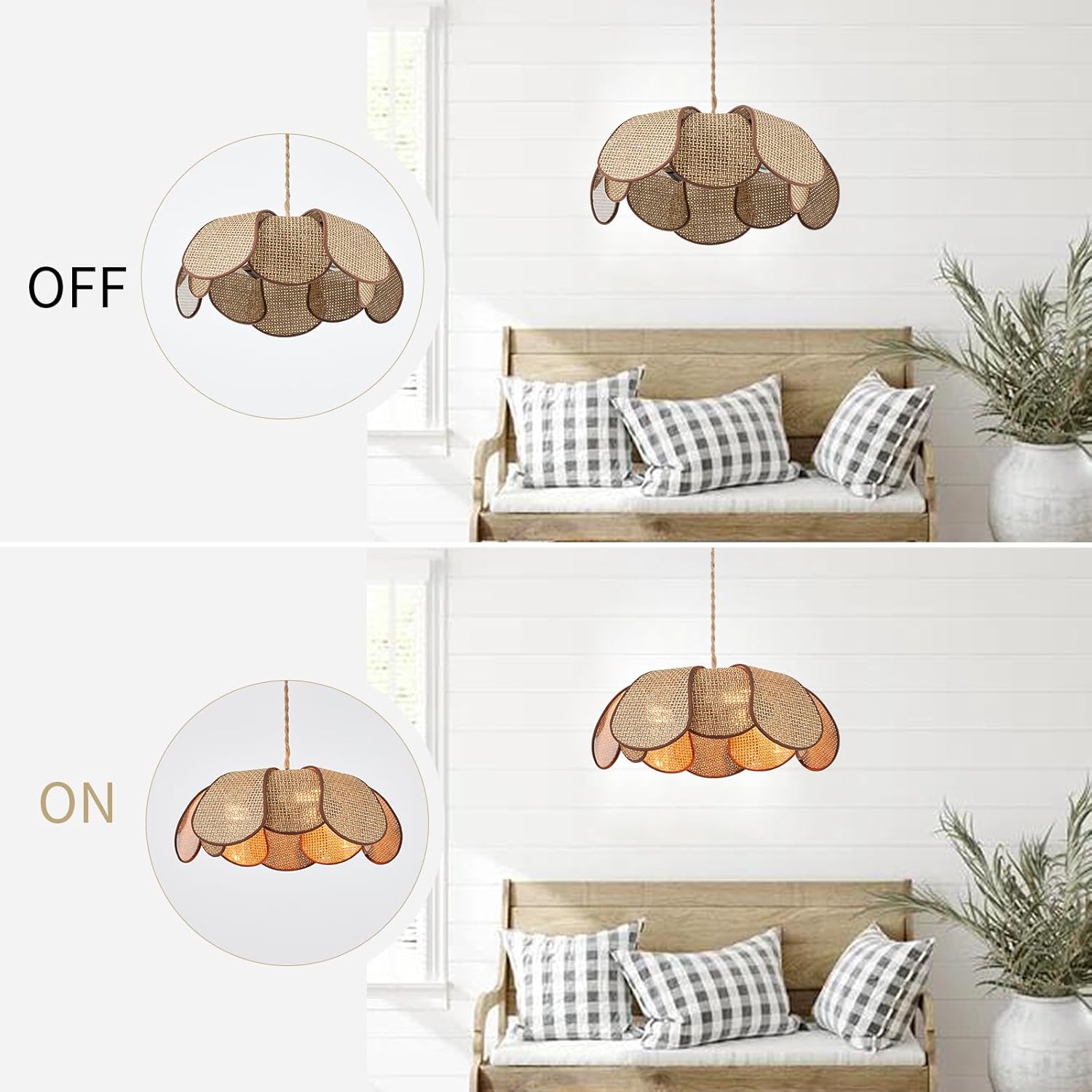 Hanging Lights with Plug in Cord, 3-Light 14.3FT Stepless Brightness Flower Shaped Hanging Lamp with On/Off/Dimmable Switch, Boho Handwoven Chandelier Rattan Pendant Light for Bedroom Nursery (Brown）