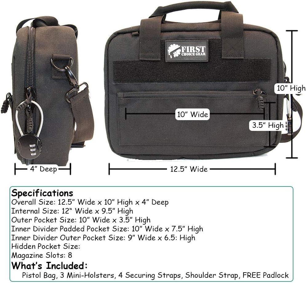 Pistol Case Range Bag for Handguns by FirstChoice - 2 to 4 Gun Padded Tactical Handgun Shooting Soft Case, Lockable Zippers w/Padlock, 3 Mini-Holsters, 8 Mag Slots, 4 Pockets, Range Mat (Black) : Sports & Outdoors