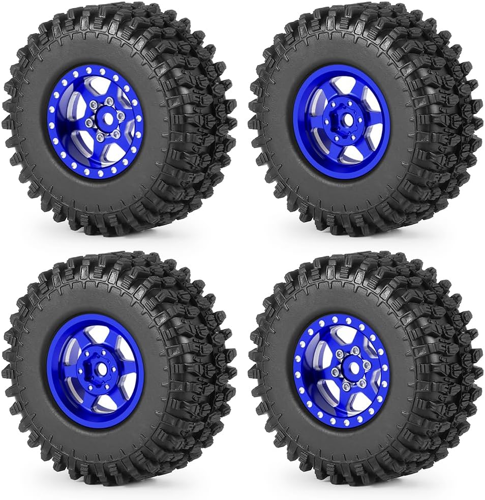 MORLORDY 4Pcs 1.0" Beadlock Wheels & 50mm Tires Set for 1/24 RC Crawlers Axial SCX24 Gladiator Deadbolt Bronco C10 JLU Upgrade Parts (Blue)