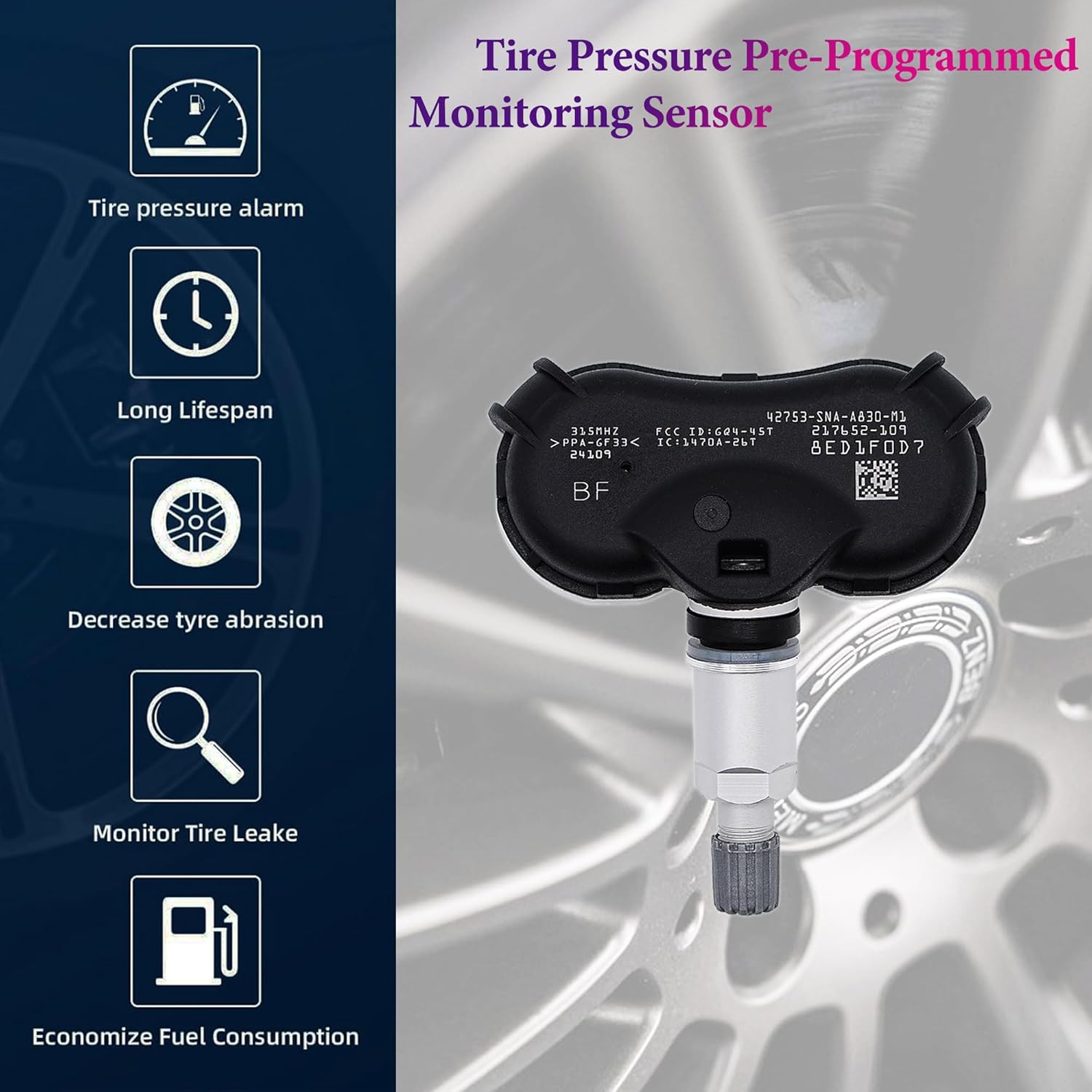 TPMS Sensor Compatible for Honda Fit Civic CR-Z Odyssey Element Insight, for Acura CSX, Tire Pressure Monitoring System 315MHZ Replaces# 42753-SNA-A830-M1, 42753SNAA81, 42753TR3A81, 4Pcs