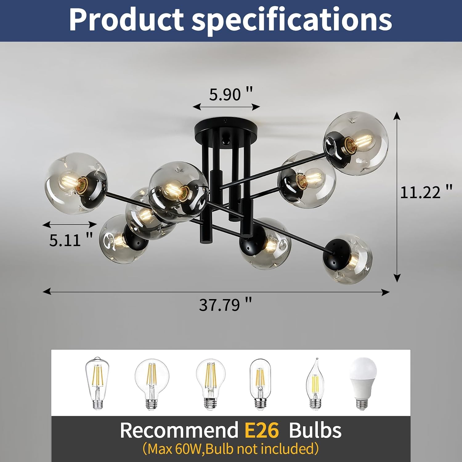 8 Light Sputnik Chandelier with Glass Globe Mid Century Modern Black Ceiling Light Fixture Large Flush Mount Chandelier for Dining Room Bedroom Living Room Kitchen.