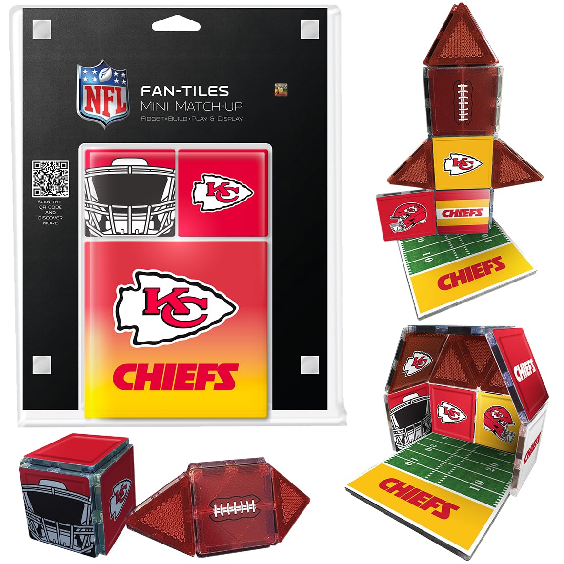 CreateOn Kansas City Chiefs NFL Fan-Tiles Magnetic Match-Up Tiles | 17-Piece Building Set for Kids & Adults | Officially Licensed NFL Team