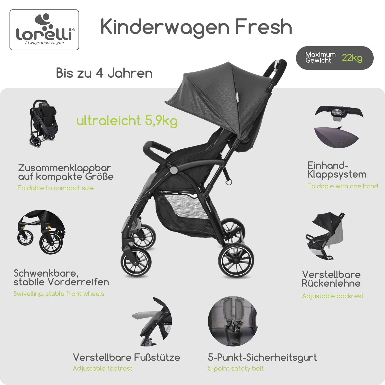 Lorelli Kinderwagen Fresh, Sport Buggy klein zusammenklappbar, nur 5,9kg, kompakter Sportsitz bis 22kg, Baby Reisebuggy, Einhand-Klappsystem, grau