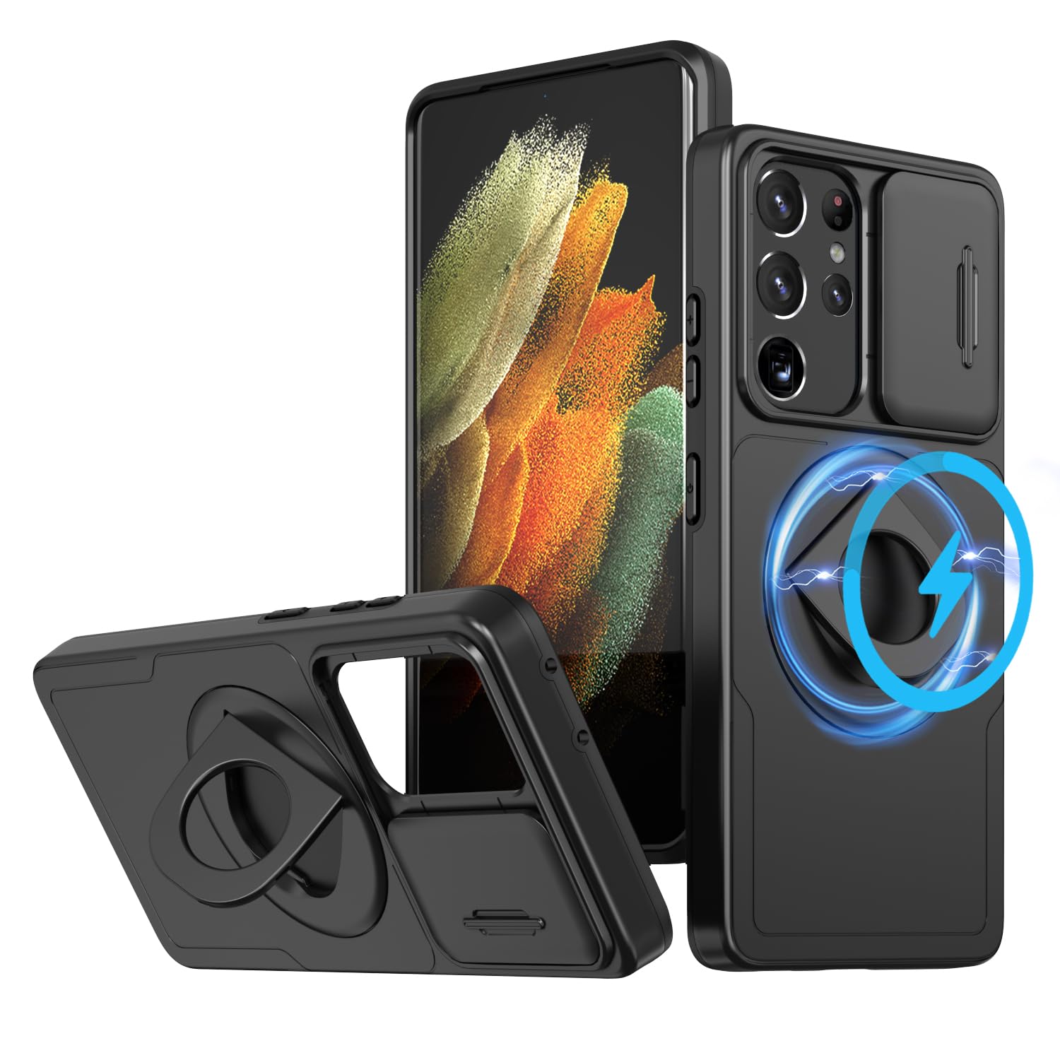 ANNGELAS for Samsung Galaxy S21 Ultra Mag-Safe Kickstand Case with Slide Camera Cover,Slim Shockproof Military Heavy Duty Anti-Drop Full Body