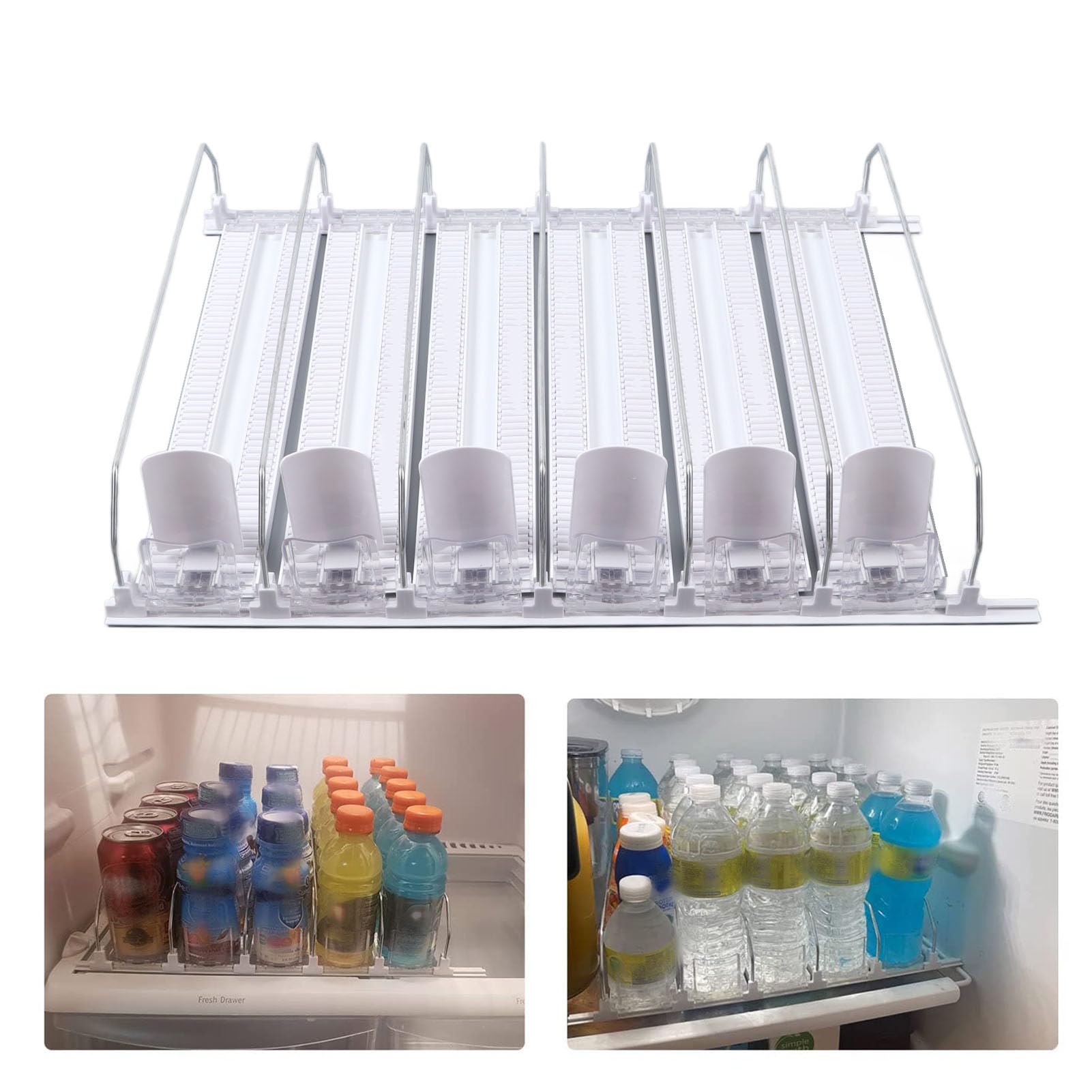 Wakects Soporte para Bebidas Autoempujable, Organizador Automático de Bebidas ABS, 6 Filas, Ancho Ajustable, con Resorte, 15 X 15 Pulgadas, Dispensador de para Refrigerador, Hogar, Supermercado
