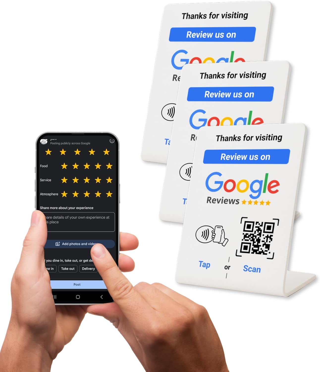 NFC Tap Google Review Stand - Boost Customer Feedback with Tap & Scan QR - No App, No Subscription - Works on iPhone & Android (White 4.1"x2.7" 3-Pack)