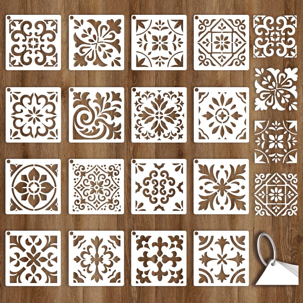 GOMAKERER 16 Pcs Tile Flower Painting Templates, 16 Styles Talavera Painting Stencils Mexican Pattern Reusable Art Drawing Templates for Paintings on Wall Wood Home Decor, 15x15cm