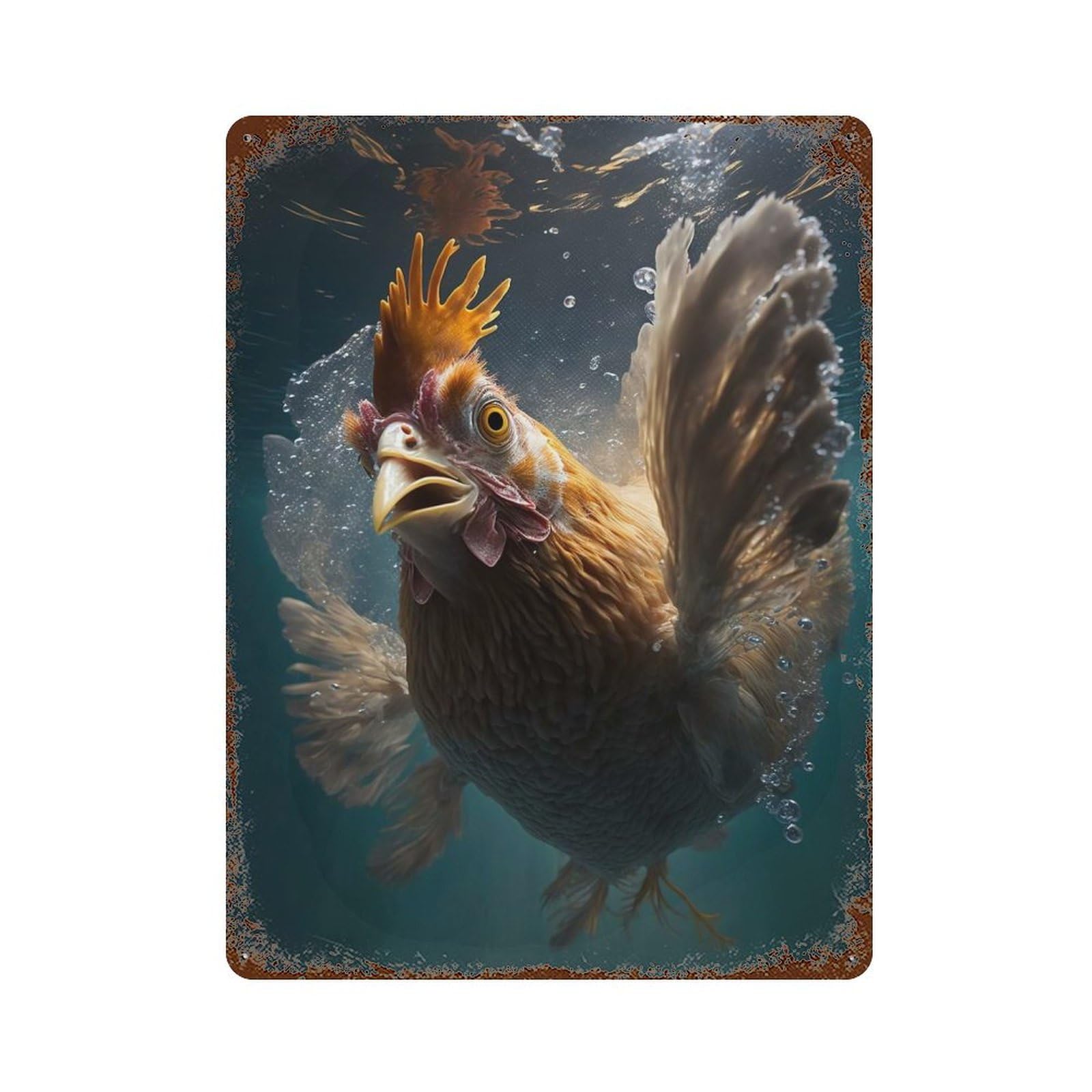 Underwater Chicken 15.7"x11.8" Distressed Metal Wall Sign, Shabby Chic Decor for Shed, Workshop And Garage Wall Decor