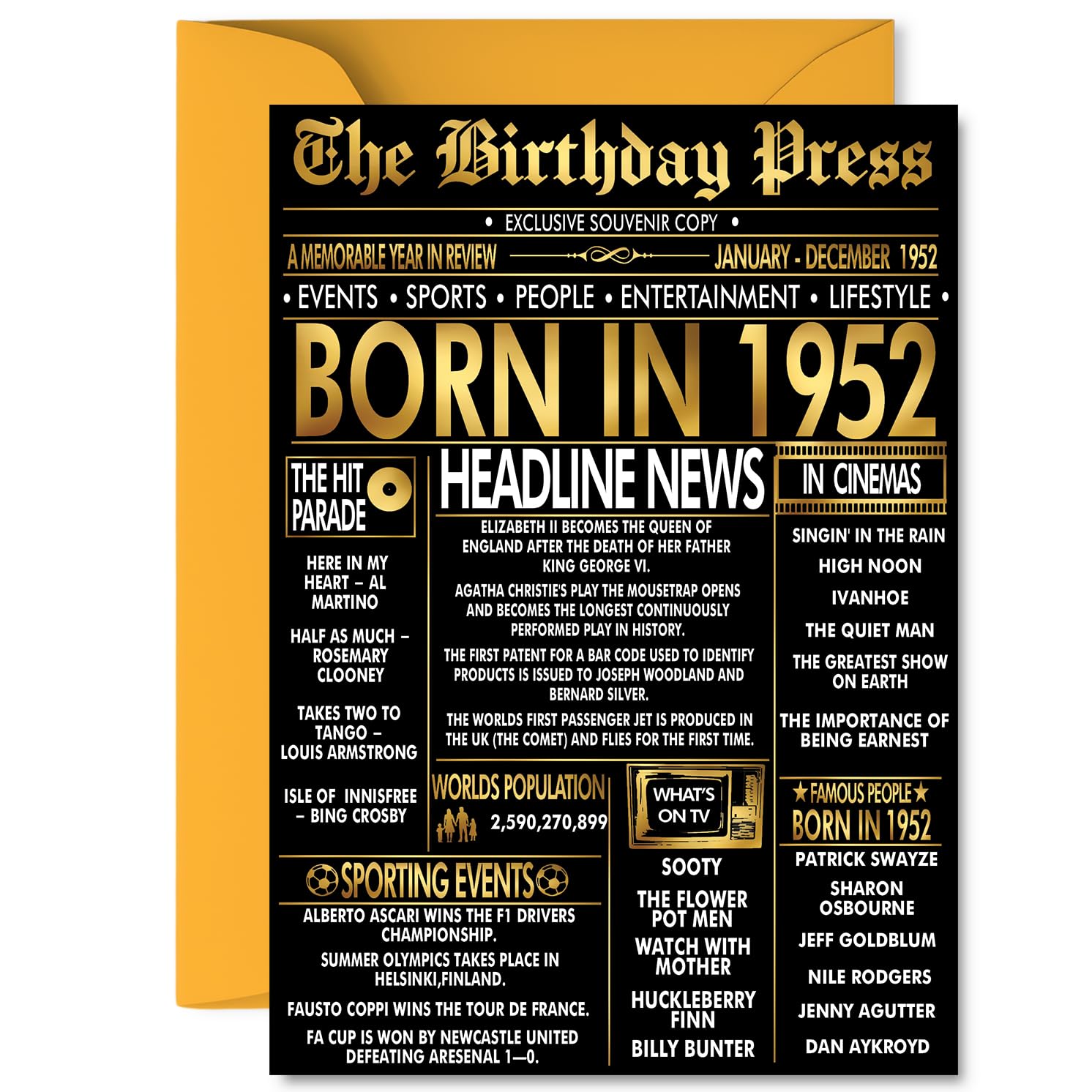 Gold 74th Birthday Card for Men Women - Black & Golden Newspaper Born in 1952 - Happy 74 Birthday Cards for Husband Wife Grandad Dad Brother Sister, A5 Bday Greeting Cards