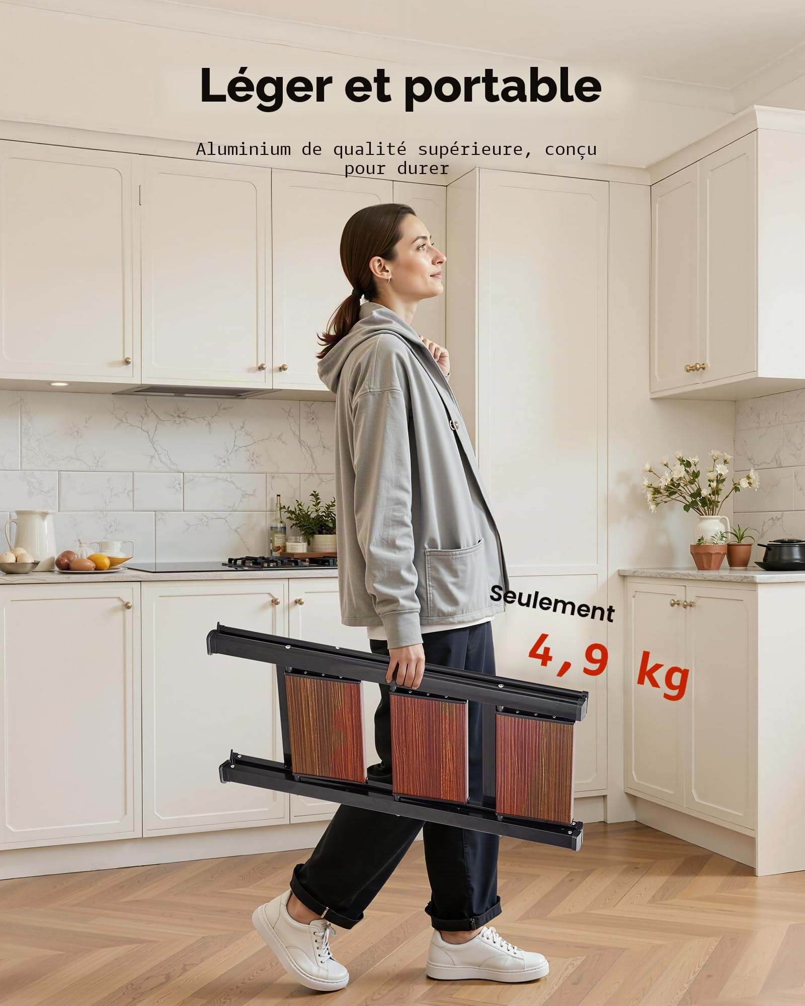 VEVOR Escabeau Pliant 3 Marches Marchepied Pliable Charge 150 kg Échelle Domestique Portable Compacte pour Cuisine, Bureau, Travaux Ménagers, Bricolage, Réparations, avec Larges Marches Antidérapantes