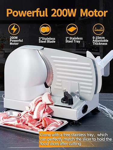 Miniatura 2 de Meat Slicer, 200W Electric Food Slicer with 2 Removable 7.5" Stainless Steel Blades and Stainless Steel Tray, Child Lock Protection, Adjustable