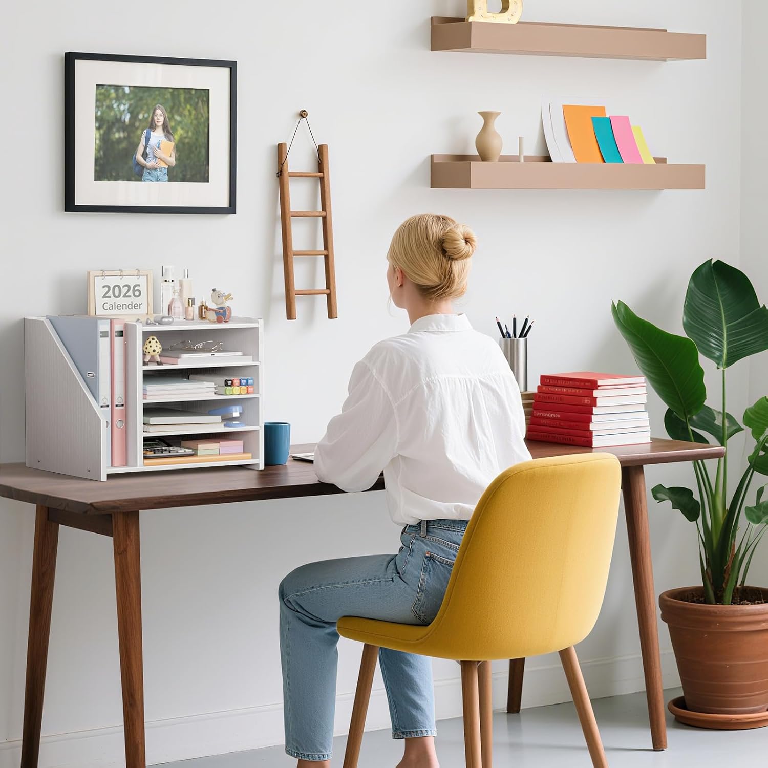 4-Tier White Wood Desk Paper Organizer, Modern Desktop Letter Tray for File Folders, White Office Desk Shelf Accessories & Workspace Organizers for A4 Documents, Sturdy Wood Sorter