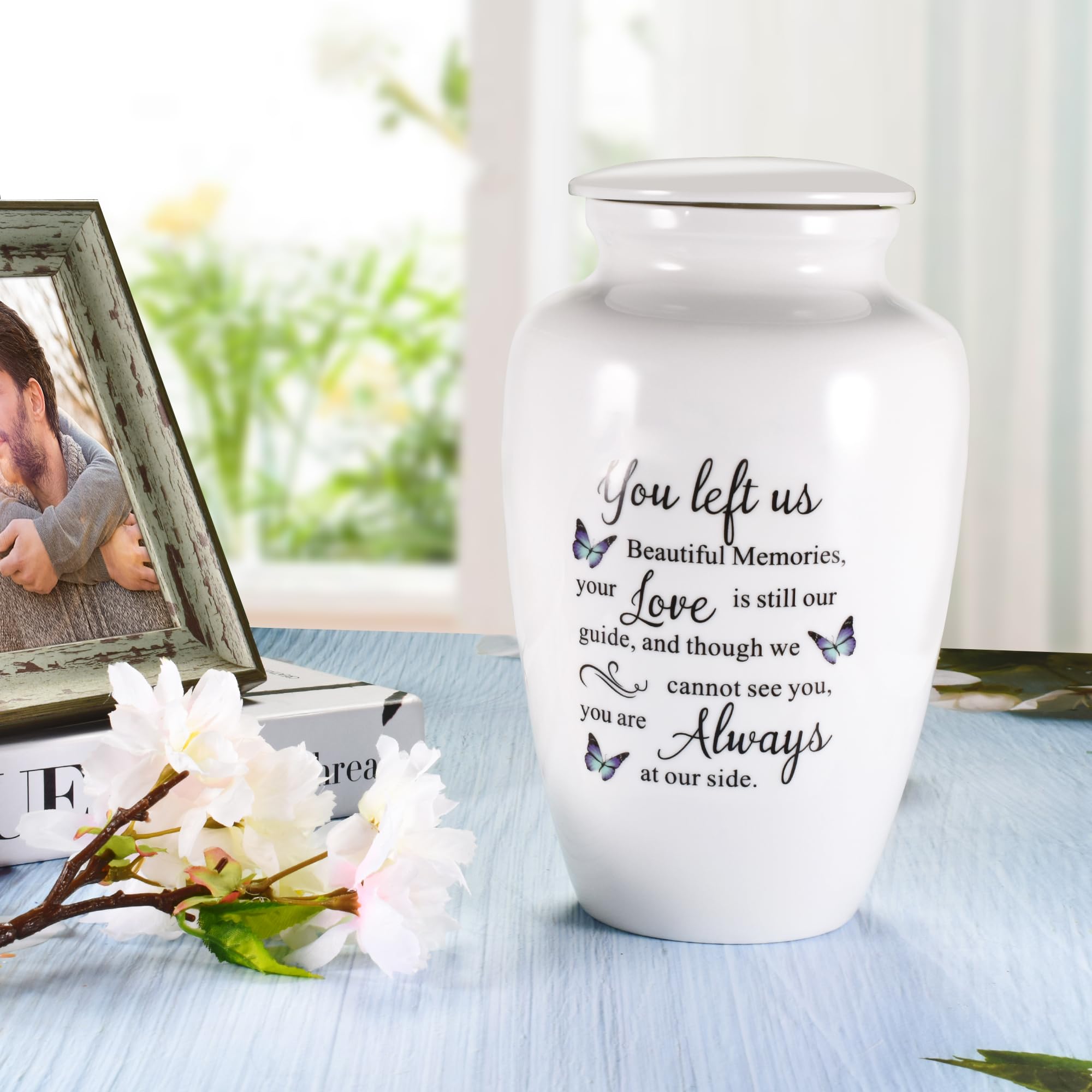 abooxiu 10 Inch Butterfly Letter Print White Ceramic Cremation Urn for Adults - Up to 200 lbs