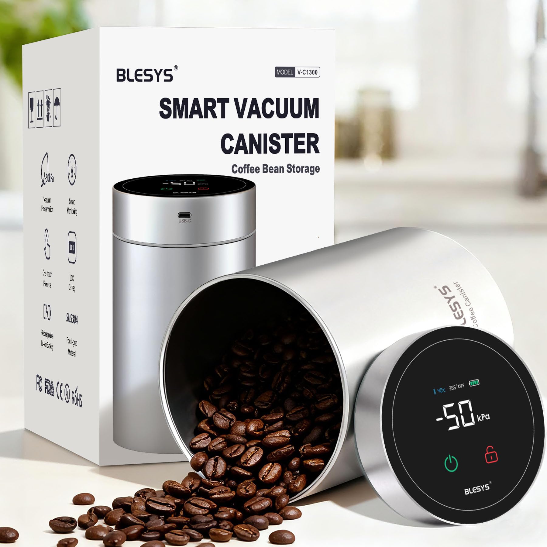 BLESYS Intelligente contenitore caffe sottovuoto per alimenti ermetico e automatico in acciaio inox con display LCD funzione di mantenimento della freschezza con un solo tocco 1.8l argento