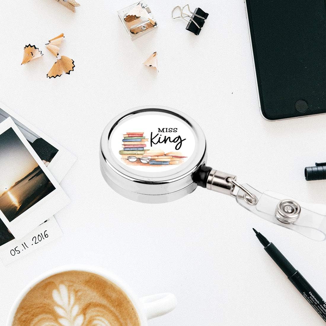 Andaz Press Retractable Badge Reel Holder with Clip, Heavy Duty Metal Name Tag Retractable ID Key Belt Clip Stacked Books, Custom Name Teacher, Principal, Librarian, Headmaster