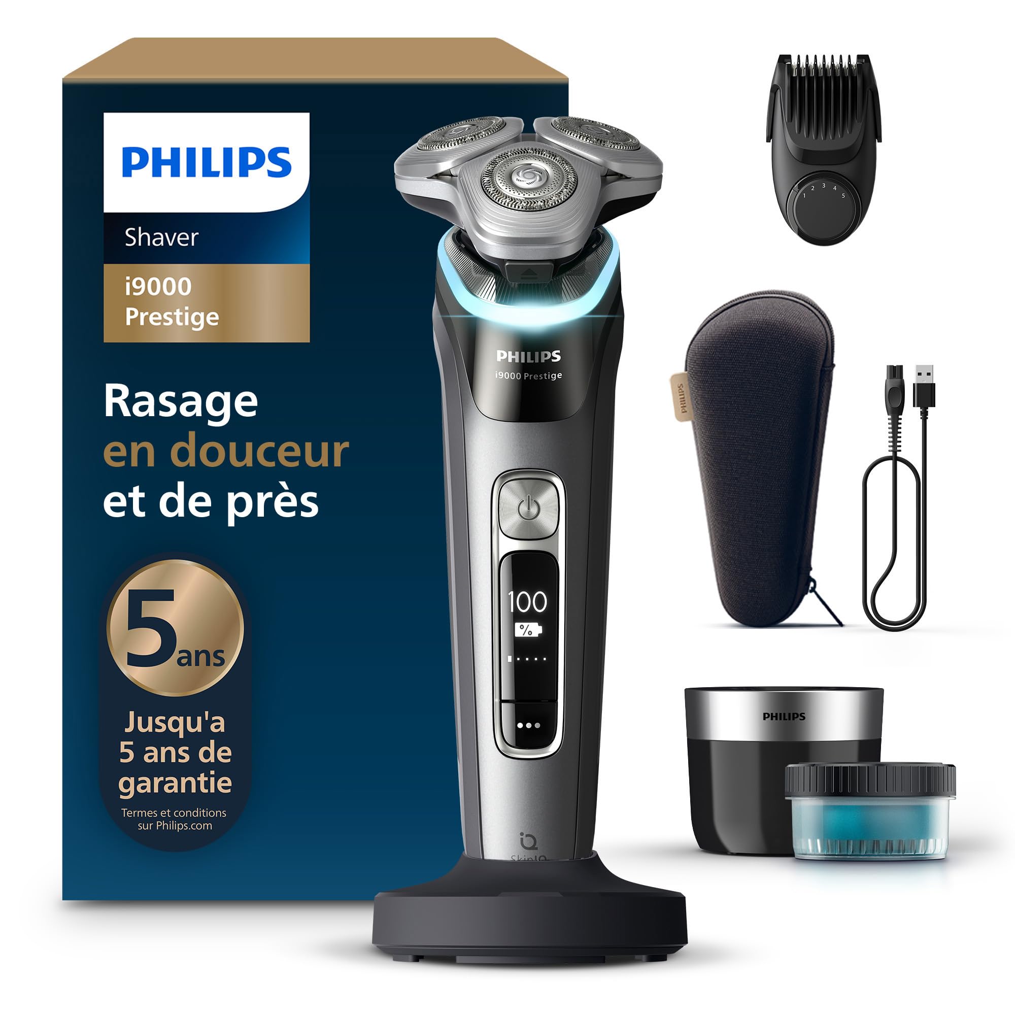 Philips Rasoir i9000 Prestige, Rasoir électrique sec et humide, avec technologie Skin IQ, système Triple Lift & Cut, lames rotatives à 360° Dual SteelPrecision, styler à barbe, modèle XP9202/33