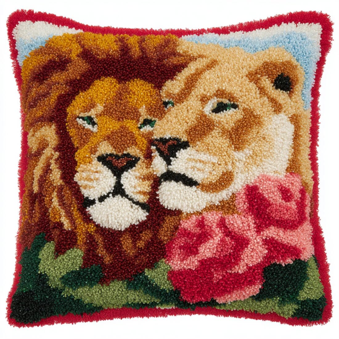 Kitquiver Animal Latch Hook Kits for Adults Lions and Flowers DIY Latch Hook Kits Pillow Needlepoint Cushion Kit for Home Décor Needlework Set for Adult Beginners 17x17In