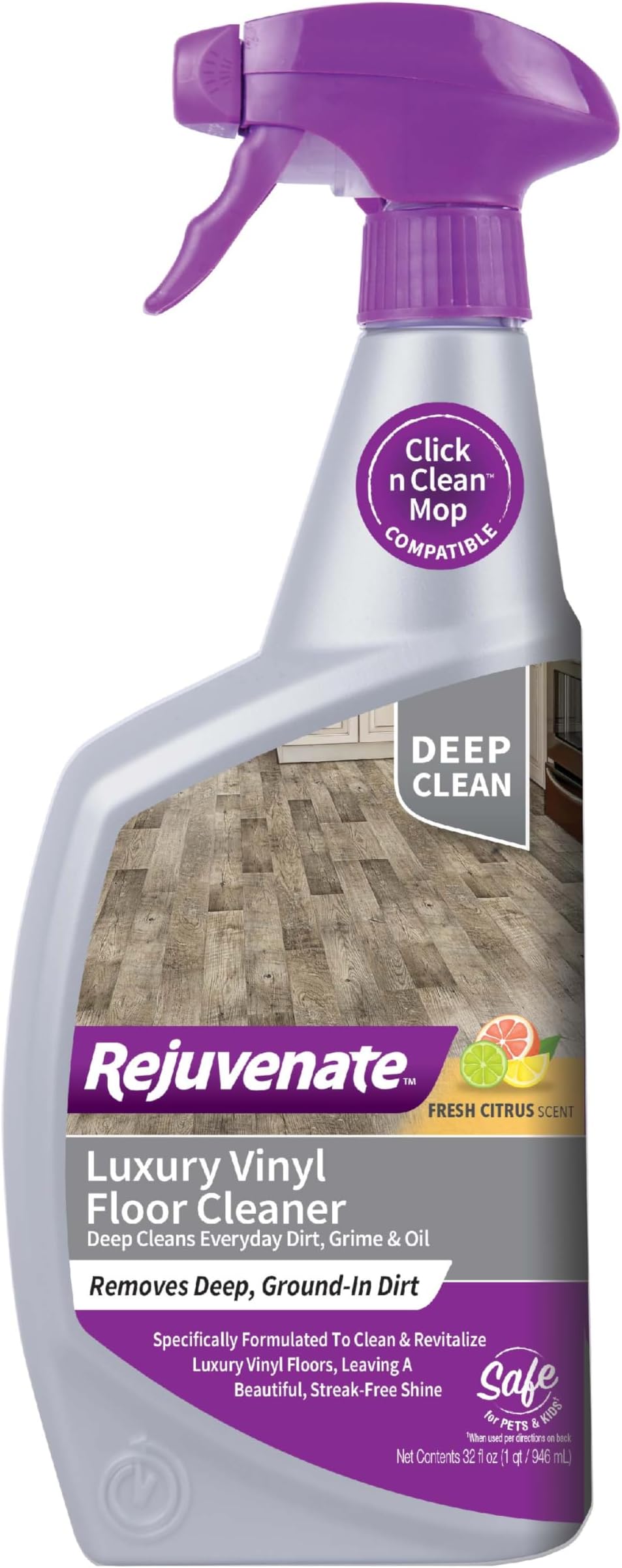 Rejuvenate High Performance Luxury Vinyl Tile Plank Floor Cleaner pH Neutral formula leaves no streaks or dull residue. 32 oz RJ32LVFC