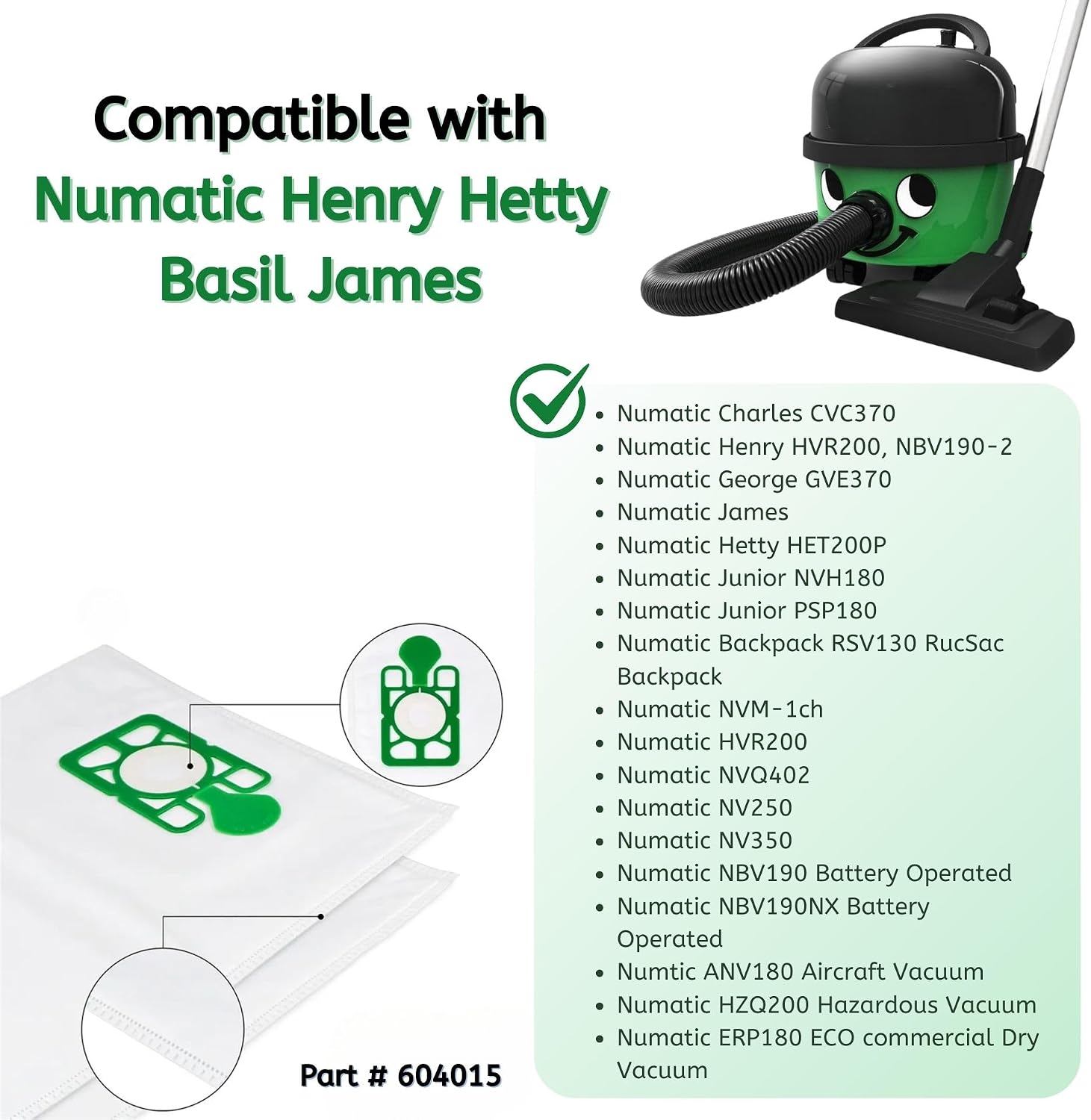 Nispira 604015 Vacuum Cleaner Microfibre Poly Dust Bags for Henry Numatic Hetty Basil James, 6 Packs