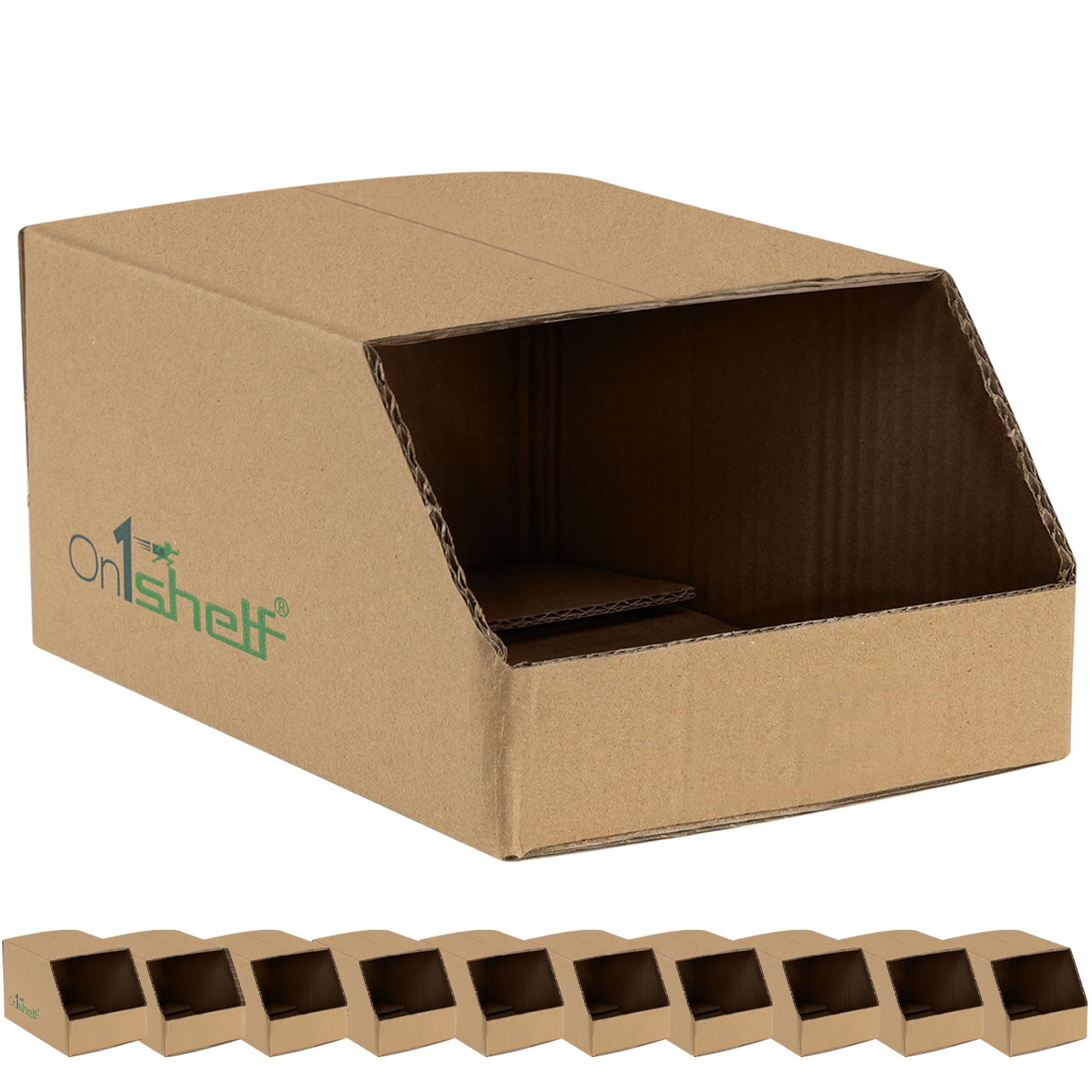 On1shelf Brown On1shelf® 10Pcs Stackable Cardboard Boxes, Corrugated Storage Bins, Pantry Organiser Bins For Shelves, Garage Office Organisation (187(L) X106(W) X76(H))