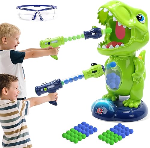 Miniatura 9 de EagleStone Juguetes de disparo de dinosaurios movibles para niños, juegos de disparos de dinosaurios Triceratops con 2 pistolas, 48 bolas, registro