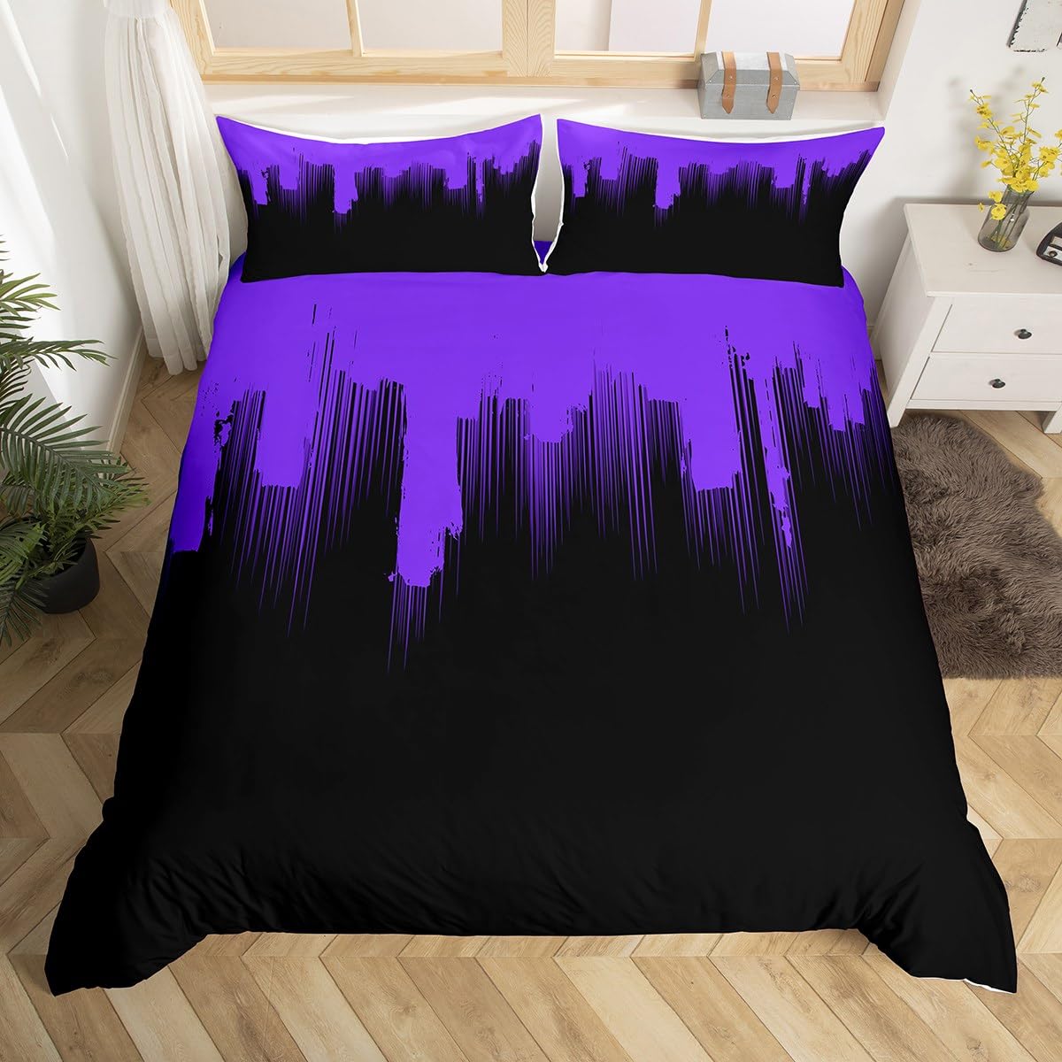 Feelyou Set Biancheria Da Letto Queen: Copripiumino Reversibile Con Fantasia Astratta Viola E Nero (2 Federe Incluse) - 4