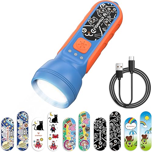 ETENWOLF Linterna L1 recargable, mini linterna con divertidas calcomanías, batería de 1500 mAh, brillo ajustable con 6 modos de luz, linterna