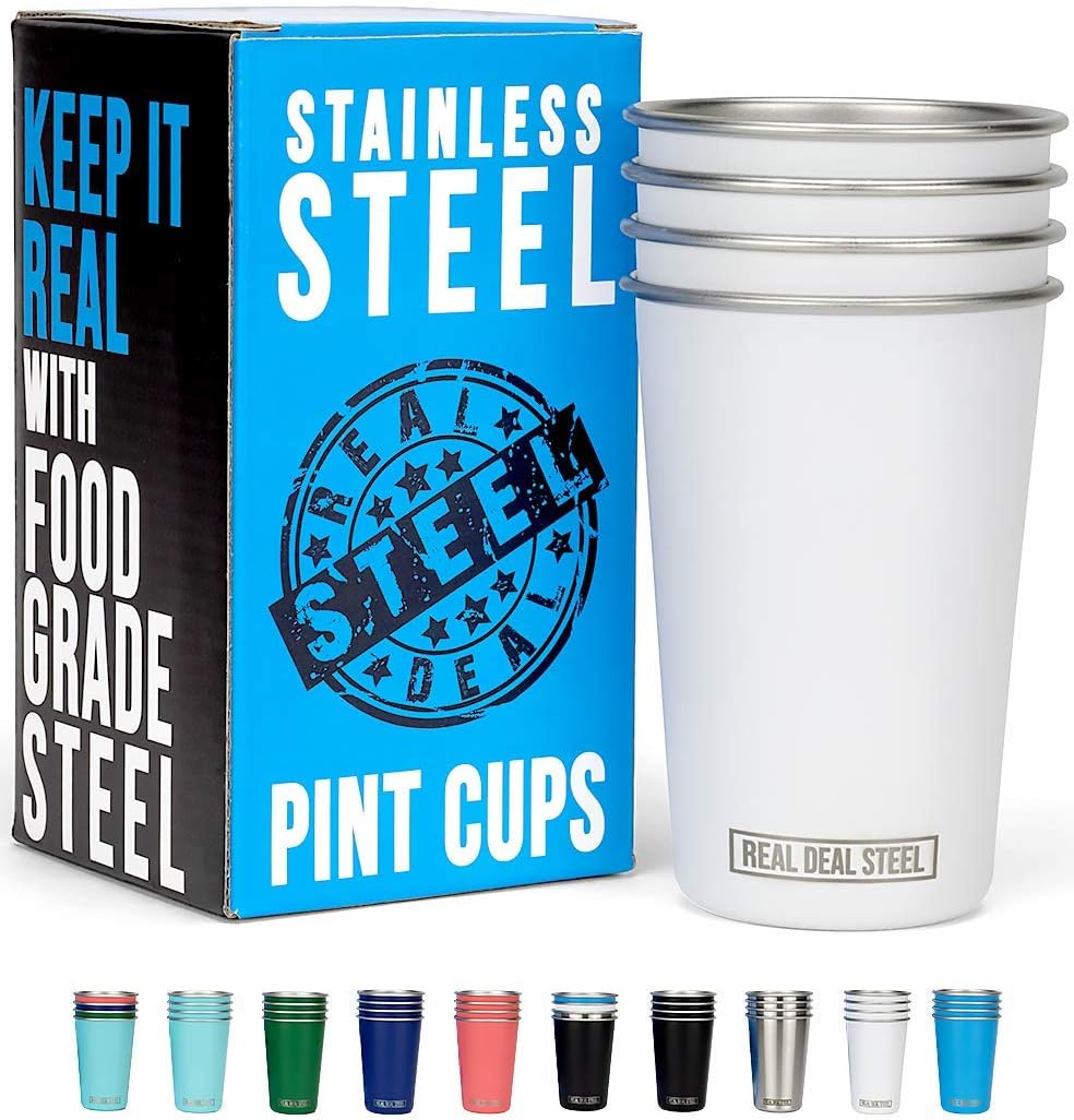 Real Deal Steel Stainless Steel 16 oz Pint Cups Stackable Single Wall Tumblers, Eco Friendly Premium Metal Drinking Glasses (White)