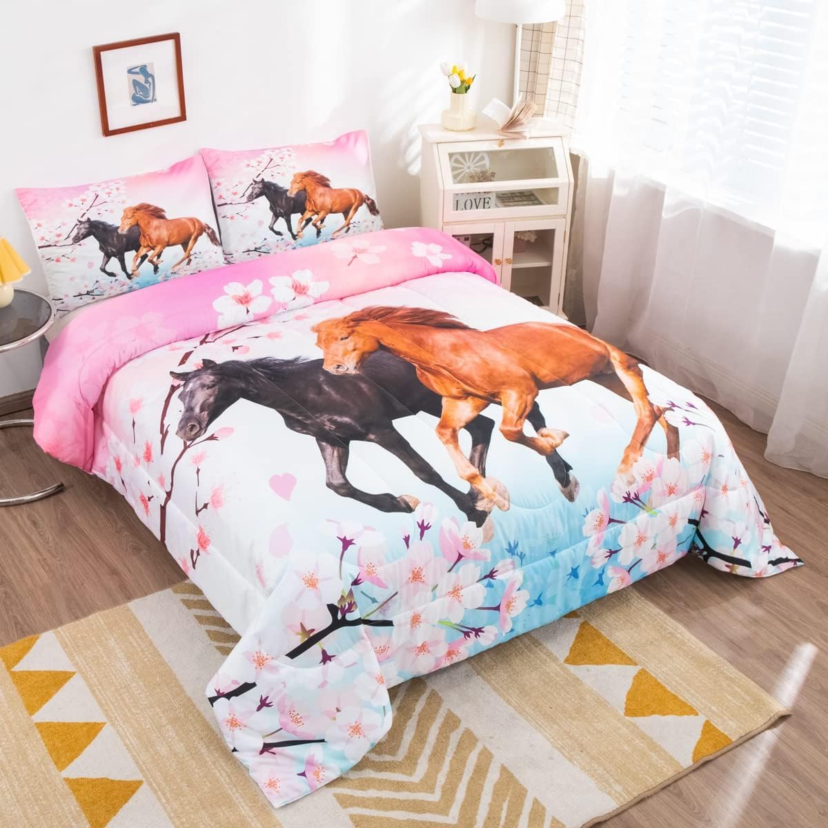Feelyou Girls Horse Bedding Set Toddler Size Galloping Horses Comforter Set for Kids Teens Cherry Blossom Comforter 3D Wild Animal Duvet Set Farmhouse Bedroom Decor Quilt Set 2Pcs