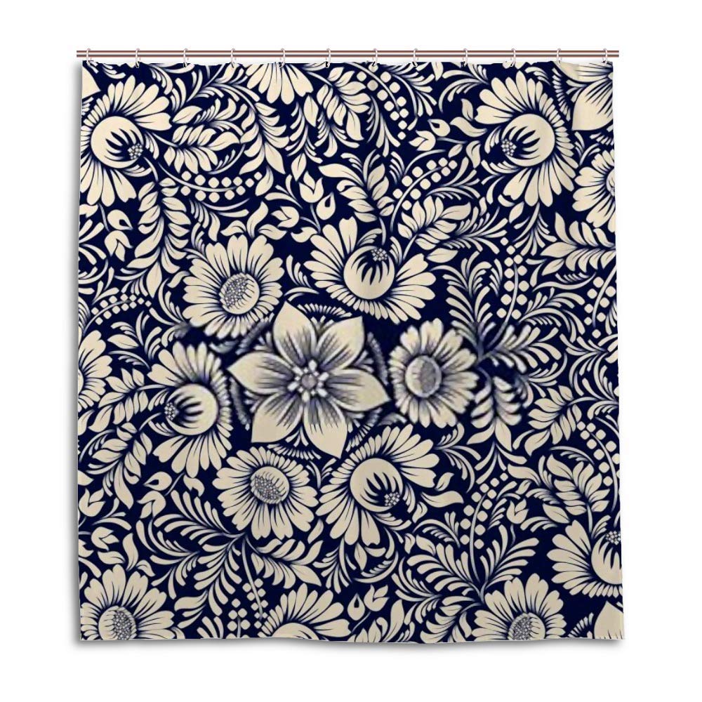 Rideau de douche rétro floral victorien 66x72 cm en polyester lavable avec crochets en C