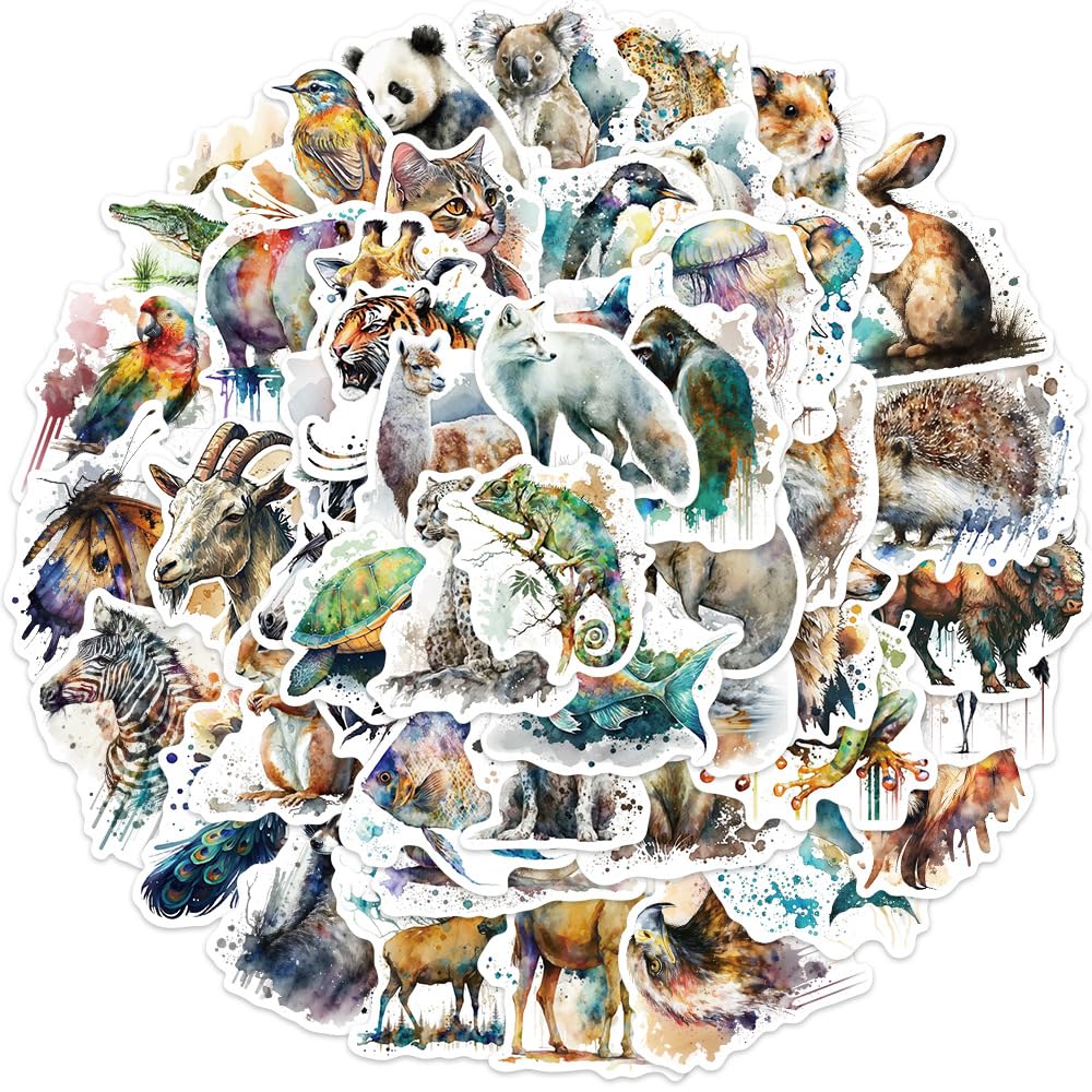 50Pcs Watercolor Animal Stickers Laptop Car Scrapbook Phone Skateboard Suitcase Luggage Bike Stickers Vinyl Waterproof Aesthetic Personalised Stickers for Teens Boys Girls Adults Children