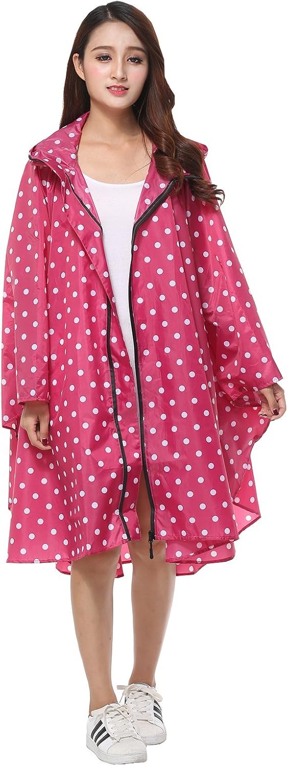 Womens Rain Poncho Stylish Polyester Waterproof Raincoat Free Size with Hood Zipper - Image 2