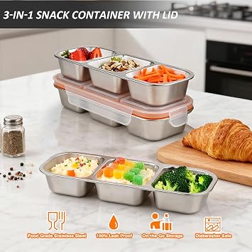 Greentainer Stainless Steel Snack Box with 3 compartments, Snack Container, Bento Box Lunch Container with Lid, Divided Salad Box for Candies Spices Nuts Cookies Vegetables,3 Pack