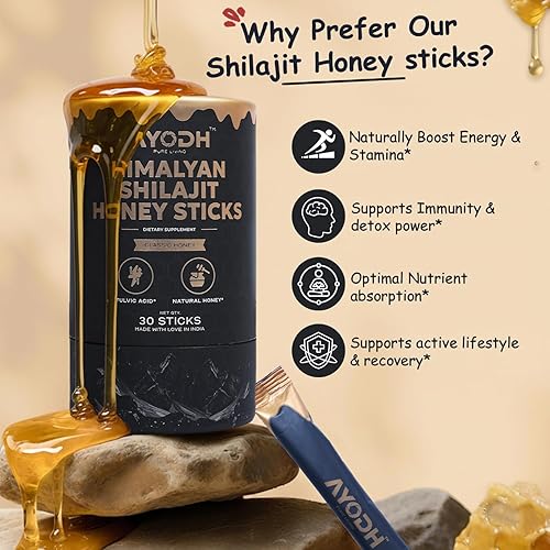 Miniatura 5 de Ayodh Palitos de miel Shilajit Pure Himalayan  Paquete de 30 (0.25 onzas), hechas con ácido fúlvico y miel natural, sabrosos palitos de miel