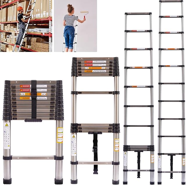 3.2m/10.5FT Telescoping Ladder Multi-Purpose Folding Stainless Steel Telescoping Ladder, Collapsible Loft Ladders, Retraction Extension Straight Ladder for Home, 330Lbs Capacity, EN131
