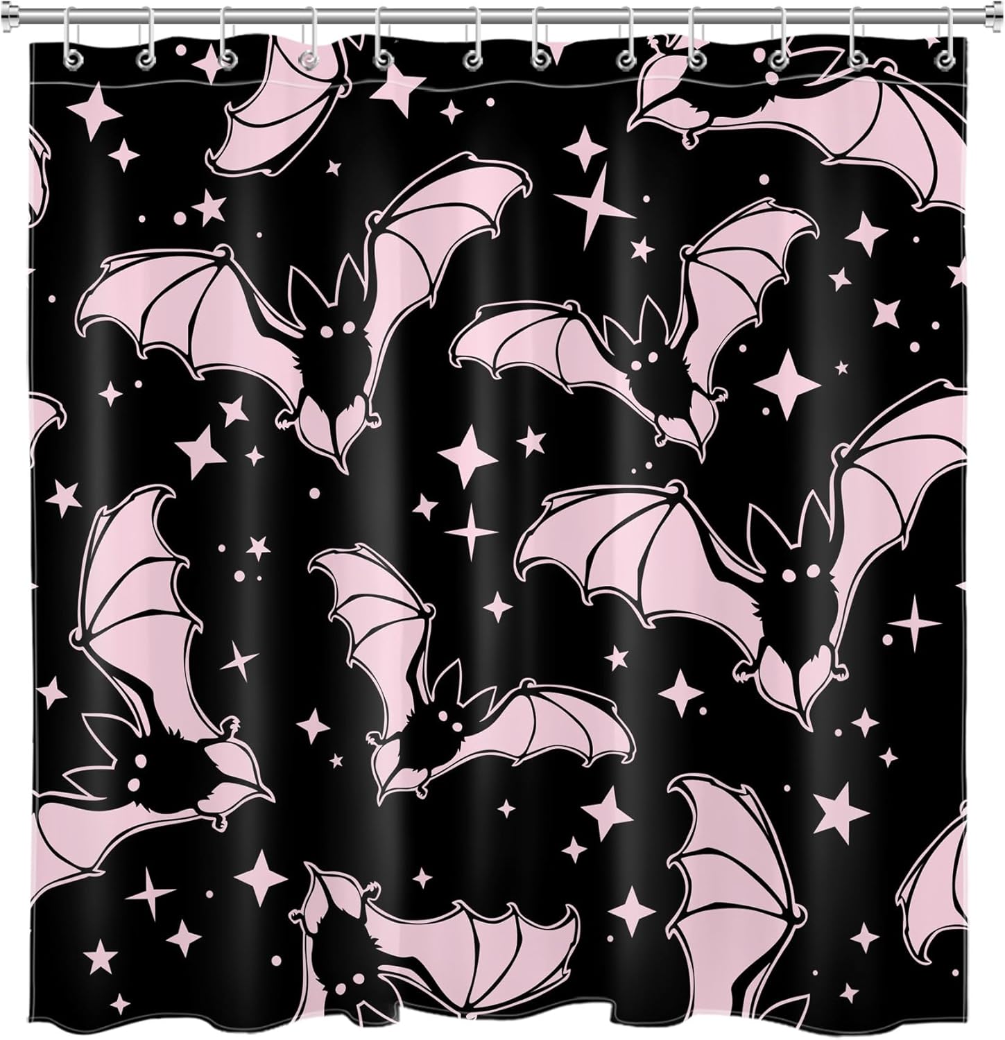 LB Spooky Halloween Shower Curtain Set with Rugs - Gothic Horror Pink and Black Bats Fabric Shower Curtain with Hooks - Funny Halloween Bathroom Curtains, 70x70 inches