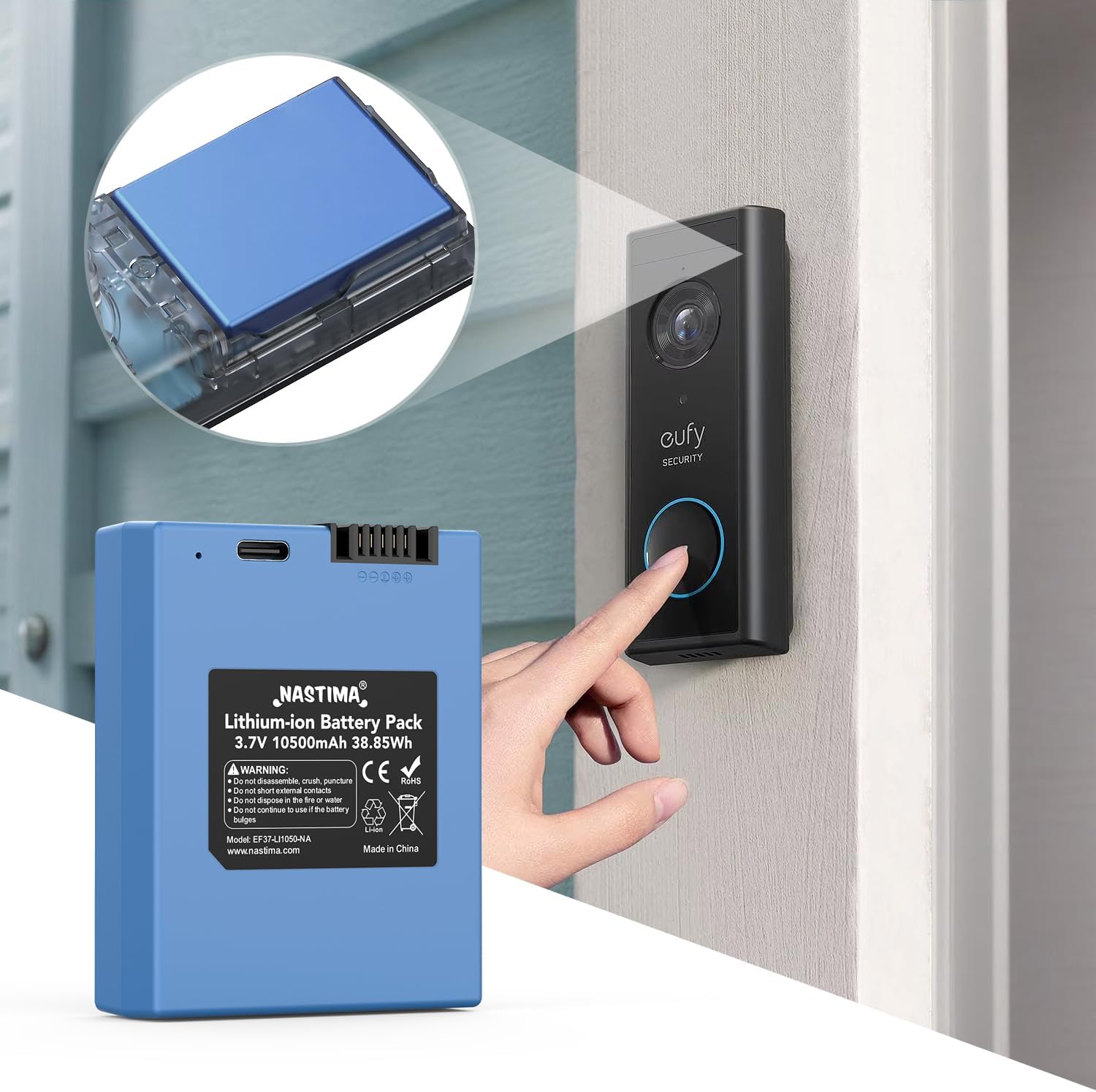 NASTIMA battery being inserted into a eufy smart lock device.