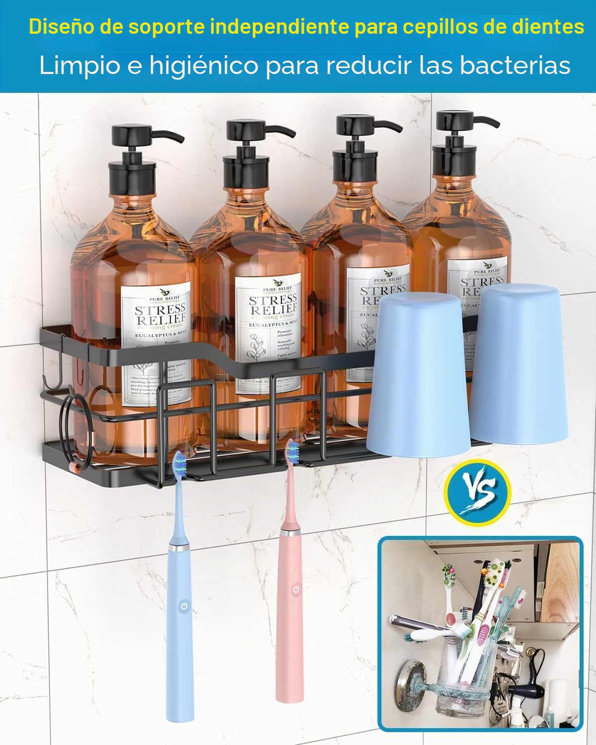 Organizador de ducha – Paquete de 5 estantes de ducha, organizador de ducha adhesivo para colgar sin taladrar, organizador de baño de acero inoxidable de gran capacidad, almacenamiento de