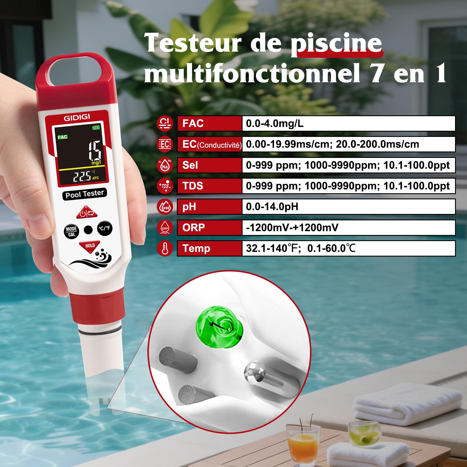 Testeur de chlore et de pH numérique, Salinomètre pour piscine | testeur d'eau 7 en 1 avec fonctions pH, ORP, chlore, EC, TDS,sel et température pour piscine, spa et eau potable