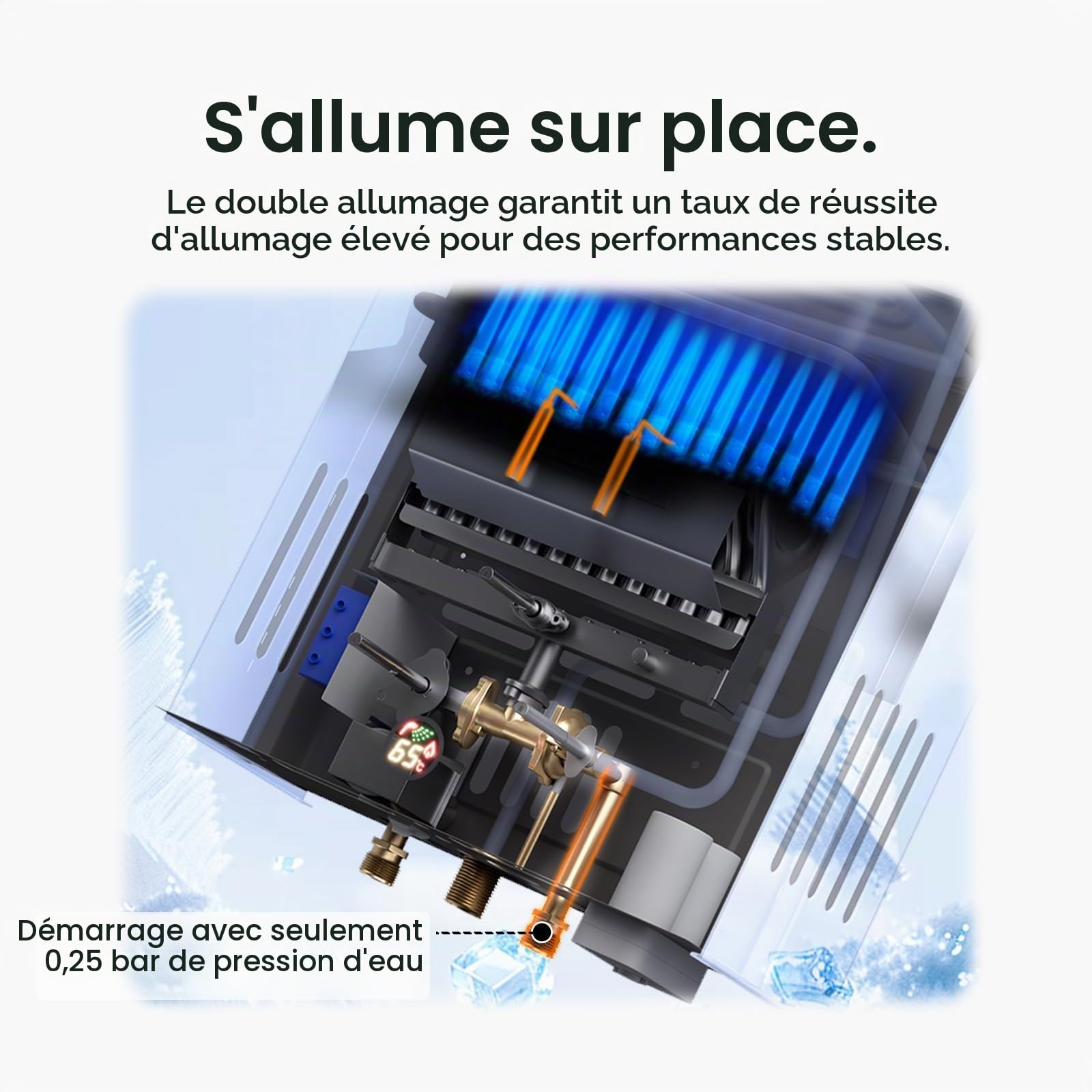 Xverycan Chauffe eau Gaz 12 LPM, 24 KW Chauffe eau Instantané GPL, Fonctionne dès 0,25 Bar de Basse Pression, Double Allumage, Mode Saison pour Économiser le Gaz, pour Maison et Camping Car